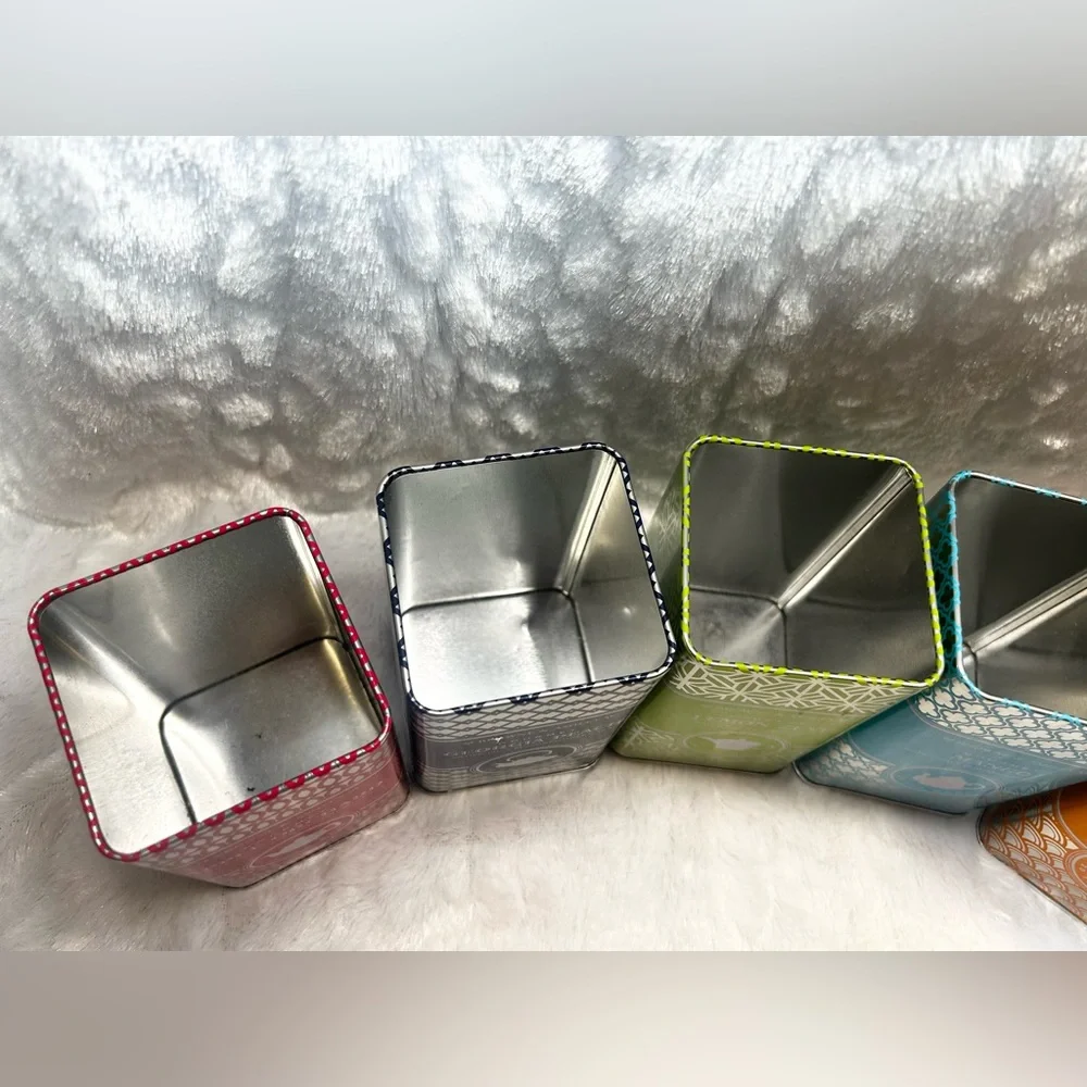 (6) EMPTY METAL TIN TEA BAG CONTAINERS VASES PEN HOLDERS ORGANIZERS NO LIDS